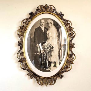 Victorian Oval Frame Large Ornate Gold Metal Antique Convex Glass Wedding Portrait 14 x 20 Image Size