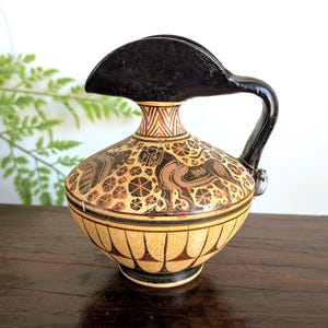 Greek Pottery Replica Signed Hand Painted Miniature Corinthian Oinoche Wine Pitcher Jar Mini Collectible