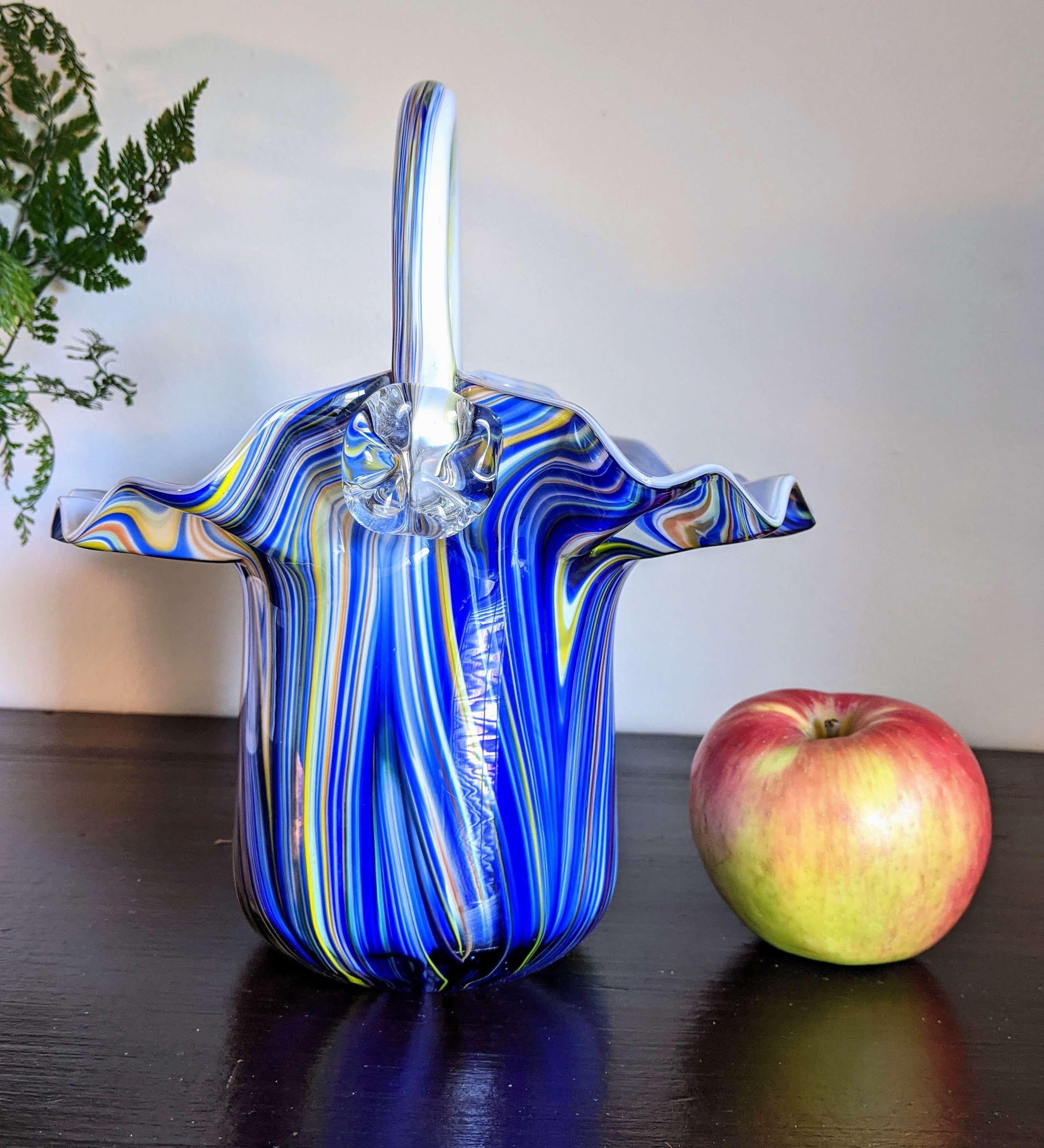 Art Glass Basket Vase Blown Glass Cobalt Blue White Striped Etsy