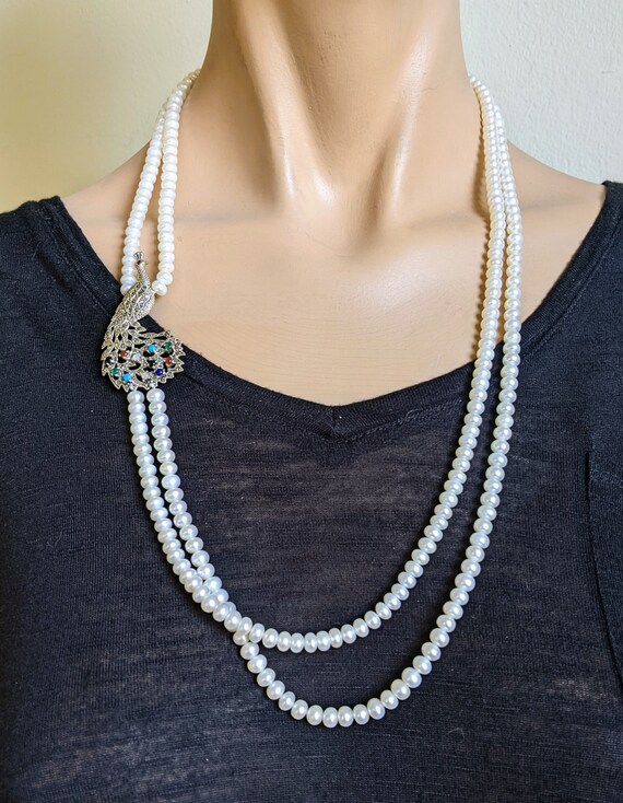 Long Pearl Double Strand Necklace Jeweled Peacock… - image 3