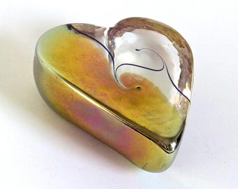 Art Glass Heart Robert Held Signed Paperweight Gold Rainbow Iridescent Swirl Gift