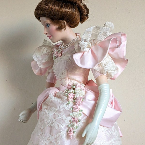 Lenox Porcelain Doll 1992 Evening at the Gala Victorian Fashion Limited Ed. 22 Inch Pink Satin White Lace Floral Details Long Dress