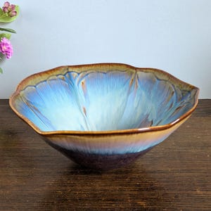 Bill Campbell Pottery Bowl Tulip Lotus Purple Blue Flambé Drip Glaze Studio Art Ceramics Signed