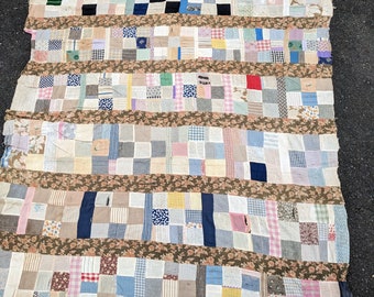 Old Quilt Top Antique Nine Patch Hand Sewn Gingham Stripes Old Fabric Patchwork Nothing Fancy Necessity Quilt