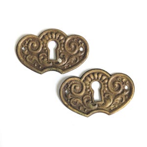 May include: Two matching antique brass keyhole escutcheon plates featuring a symmetrical, ornate scrollwork design with a central vertical keyhole opening and two small circular screw holes on the outer edges of each piece.