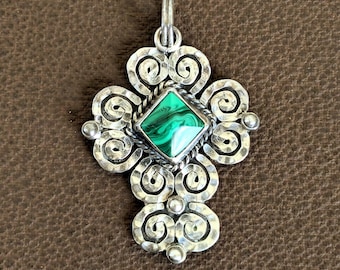 Sterling Malachite Cross Pendant Mexico 925 Artisan Made Hand Crafted Silver Green