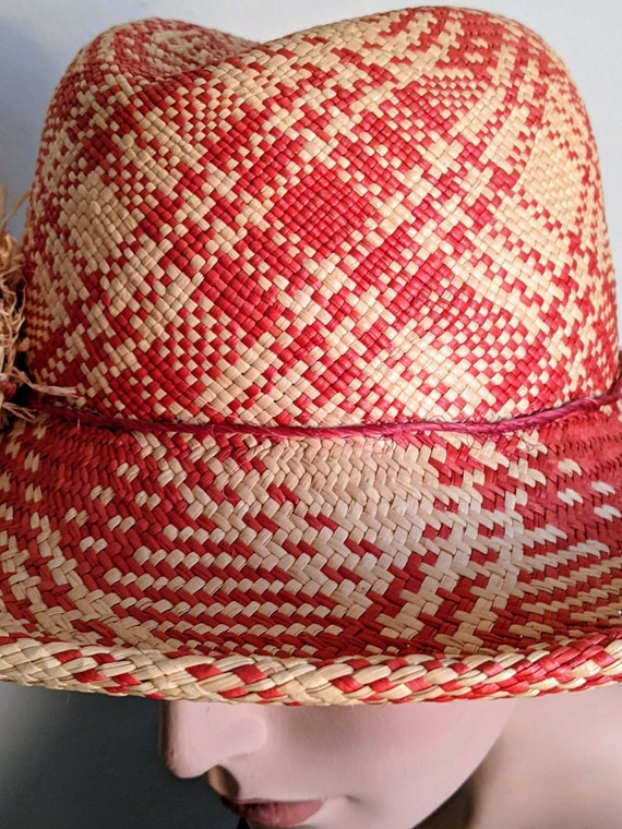 Raffia Panama Hat Designer Red Cream Plaid Straw … - image 7