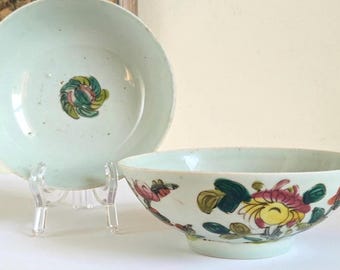 Kinesiska celadon nudelskålar, set med 2, handmålade, blommigt signerade, keramik, tidig republikerepisod