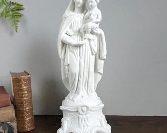 Antique French Virgin Mary With Infant Christ Statue Mauger et Fils Parian Ware White Porcelain Standing Figurine