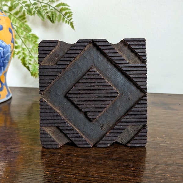 Wooden Printing Block India Textile Fabric Block Carved Wood Large Stamp Diamond Geometric Pattern