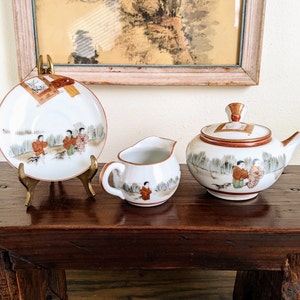 Japanese Kutani Teapot Creamer Plate Set Signed Personal Tea Set Japan