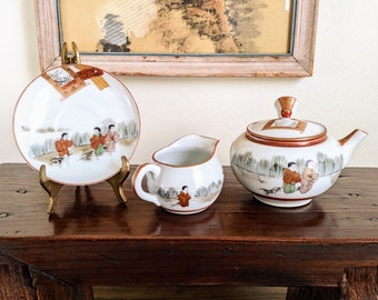 Japanese Kutani Teapot Creamer Plate Set Signed Personal Tea Set Japan