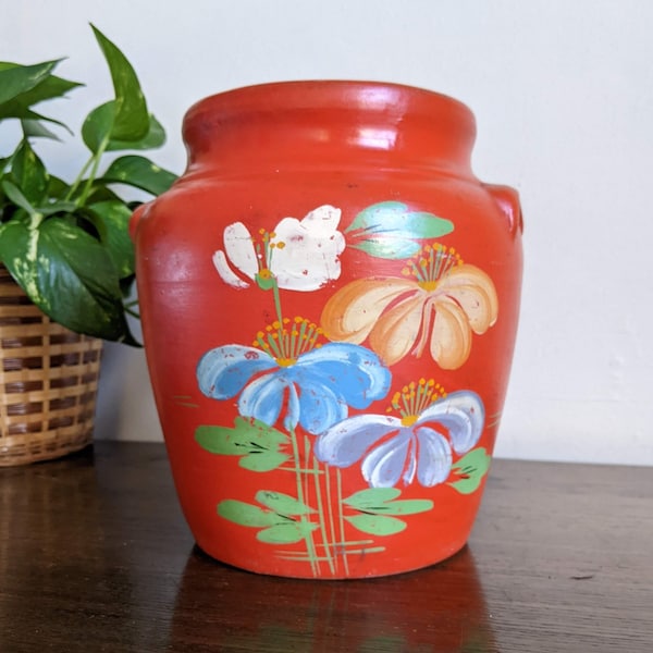 Vaso in ceramica Ransburg dipinto a mano, arte popolare, tole, arancione, rosso, decorato con fiori, decorazione per cucina in stile fattoria di campagna