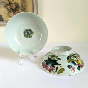 Chinese Celadon Noodle Bowl Set Of 2 Hand Painted Floral Signed Pottery Early Republic Era