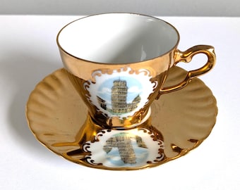 Gold Tea Cup Saucer Tower Of Pisa Italy Souvenir 24K Gold Decorated Teacup