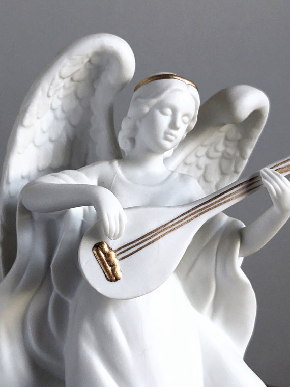 White Bisque Angel Enesco 1987 White Gold Musical Figurine Playing