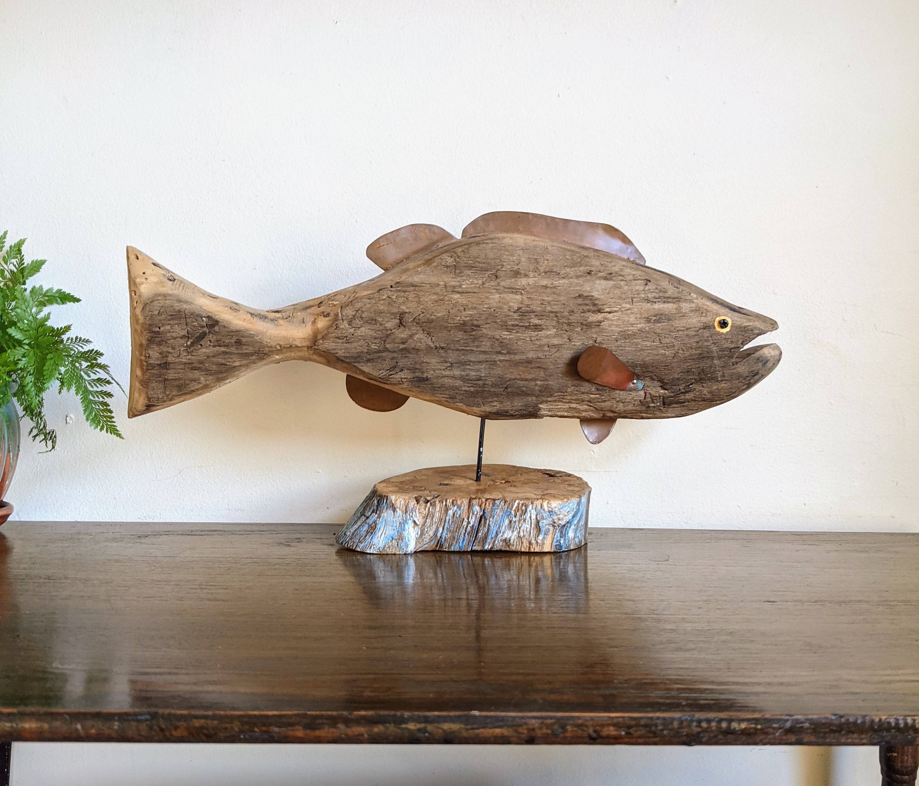 Primitive Carved Wood Fish Copper Fins Large Bass on Stand Signed