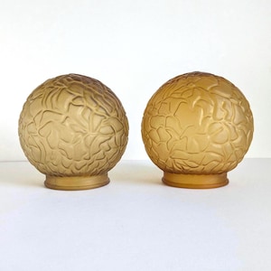 May include: Two spherical amber-coloured glass lamp shades featuring a raised, textured, organic pattern across the surface. Each shade has a circular opening at the base with a smooth, flat rim designed for attachment to a light fixture.