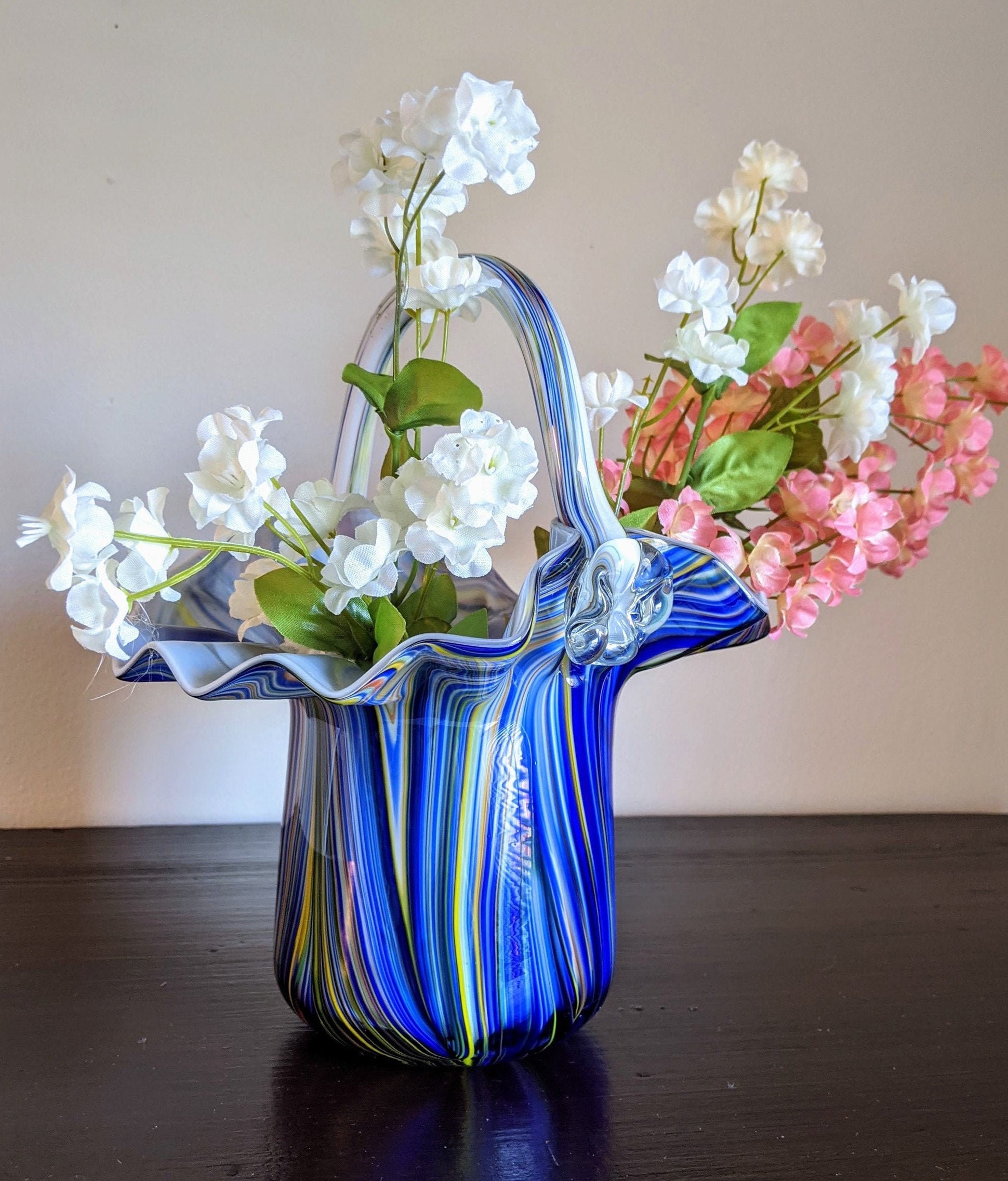 Art Glass Basket Vase Blown Glass Cobalt Blue White Striped Etsy