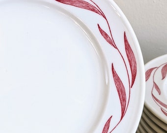 DWA talerze obiadowe Mayer China Aragon White Red Willow Leaf Vine Rim z lat 50. z kolekcji Restaurant Ware