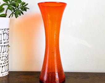 Large Blenko Glass Vase Orange Crackle Glass Tangerine Hourglass Mid Century Decor