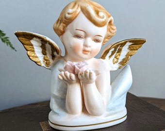 Tilso Cherub Angel With Rose 40s 50s Japan Hand Painted Bisque Porcelain Figurine