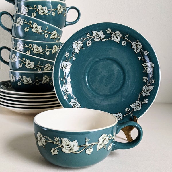 40s Teacup Harker Pottery Country Farmhouse Cabin HAR4 Teal Green White Ivy Set of ONE Coupe Coffee Cup