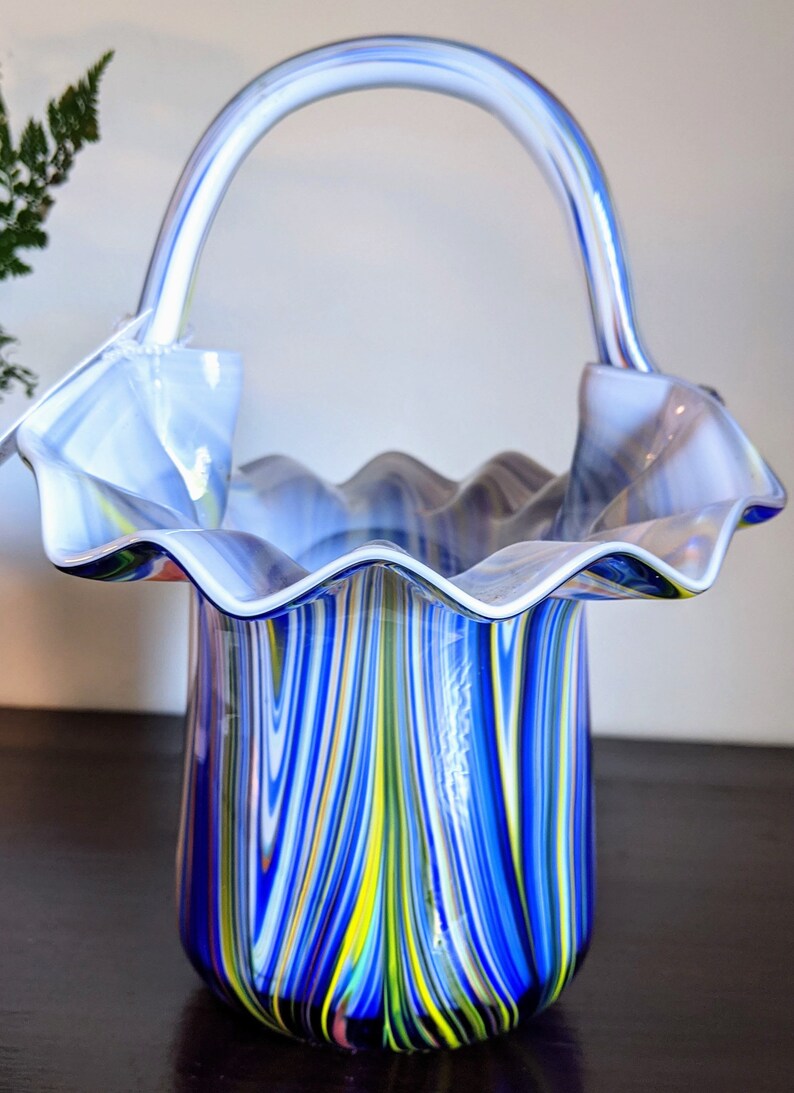 Art Glass Basket Vase Blown Glass Cobalt Blue White Striped Etsy