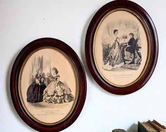 Viktorianische Französische Mode Illustration Gerahmtes Paar Signierte Jules David Ovale Rahmen Le Moniteur De La Mode Büro Du Journal