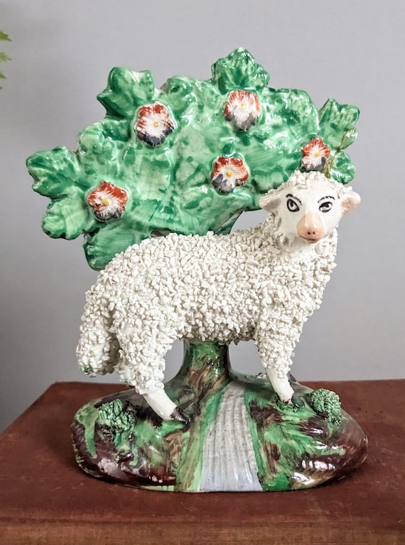 Staffordshire Ware Confetti Sheep Pair With Tree Pastural Bocage