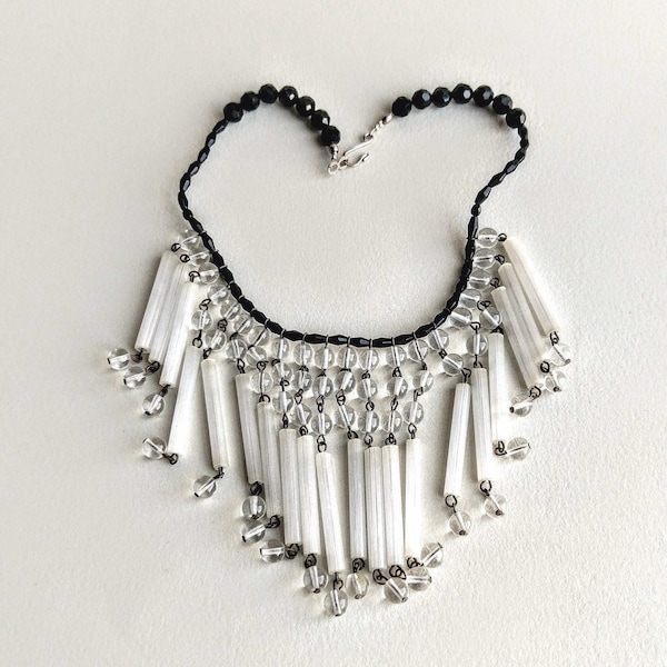 Beaded Fringe Bib Necklace Black White Crystal Onyx Moroccan Persian Jewelry Collar Necklace Boho Hippie 16" Necklace