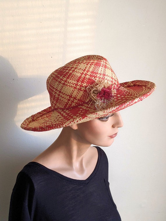 Raffia Panama Hat Designer Red Cream Plaid Straw W