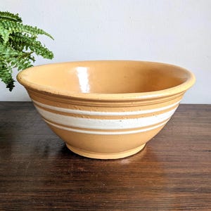 Antique Yellowware Bowl White Band Stripes Large 11 Inch Farmhouse Mixing Bowl