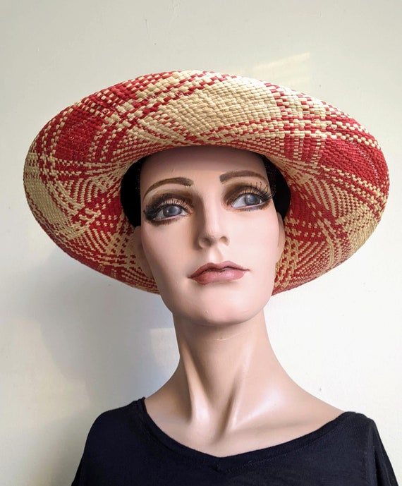 Raffia Panama Hat Designer Red Cream Plaid Straw … - image 4