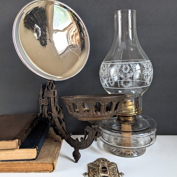 Antique Oil Kerosene Lamp Sconce Wall Hung Cast Iron Bracket With Mercury Glass Reflector Eagle Burner