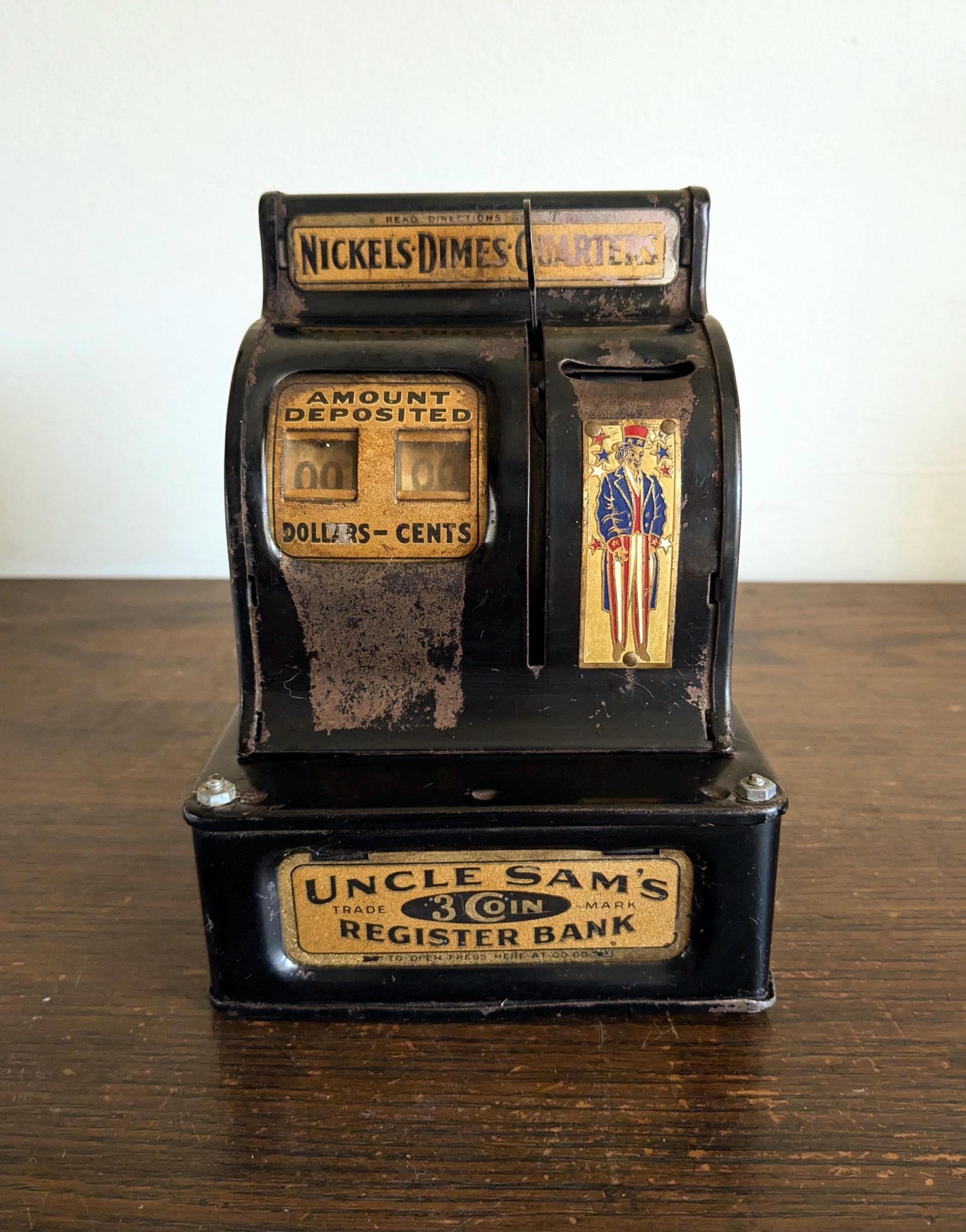 Antique Coin Bank Uncle Sams 3 Coin Register Bank Rare Stamped