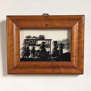Silhouette Art Reverse Glass Painting Framed Colonial Kitchen Children Enslaved People Burl Wood Frame