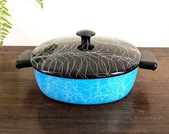 MCM Enamelware Pot With Lid 50s Serendipity Spaghetti String Turquoise Black White Mid Century Cookware