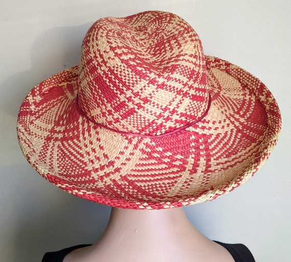 Raffia Panama Hat Designer Red Cream Plaid Straw … - image 6