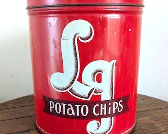 LG Potato Chips Tin 1 Lb El-Ge Potato Chip Co York PA Rustic Red White Kitchen Storage Decor
