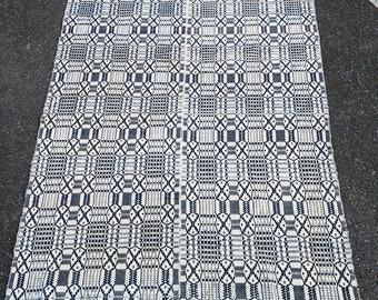 Colonial Overshot Coverlet Indigo Blue White Geometric Antique 19th Century Textile
