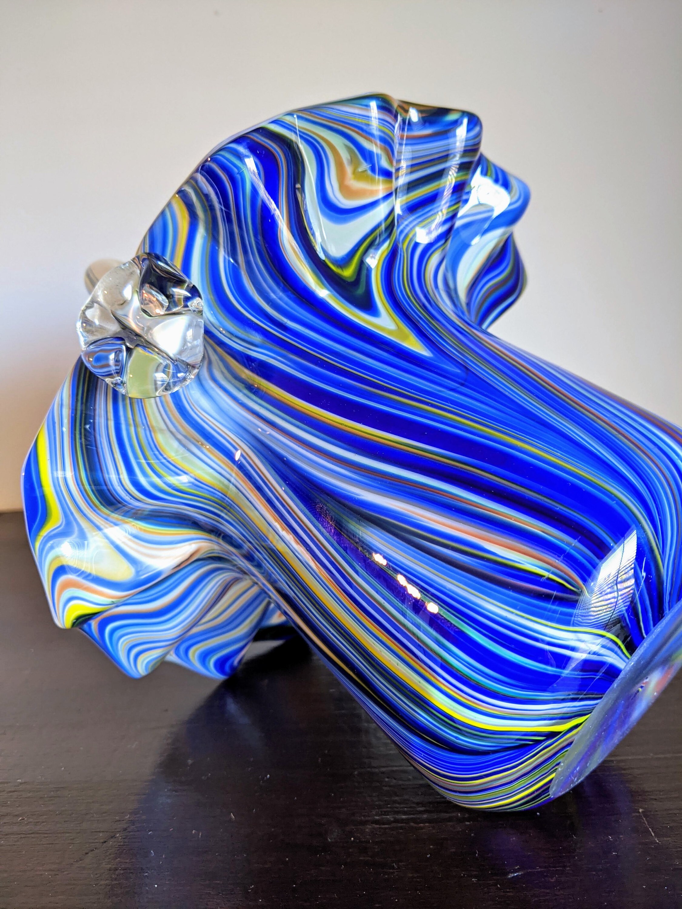 Art Glass Basket Vase Blown Glass Cobalt Blue White Striped Etsy