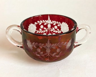 Ruby Flash Sugar Bowl Red Cut to Clear Engraved Etched Antique Glass