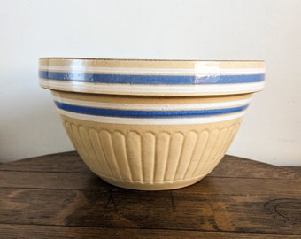 Yellowware Mixing Bowl 11 Inch Blue Bands White Stripes Early McCoy Ribbed Bottom Farmhouse Kitchen Crockery Pottery Yellow Ware