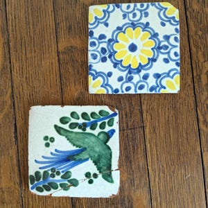 Two Antique Talavera Tiles Green Blue Bird Yellow Flower Hand Painted Mexican Majolica Pottery 4 x 4