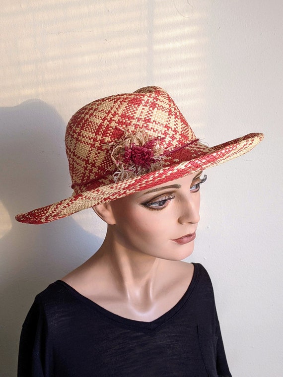 Raffia Panama Hat Designer Red Cream Plaid Straw … - image 2