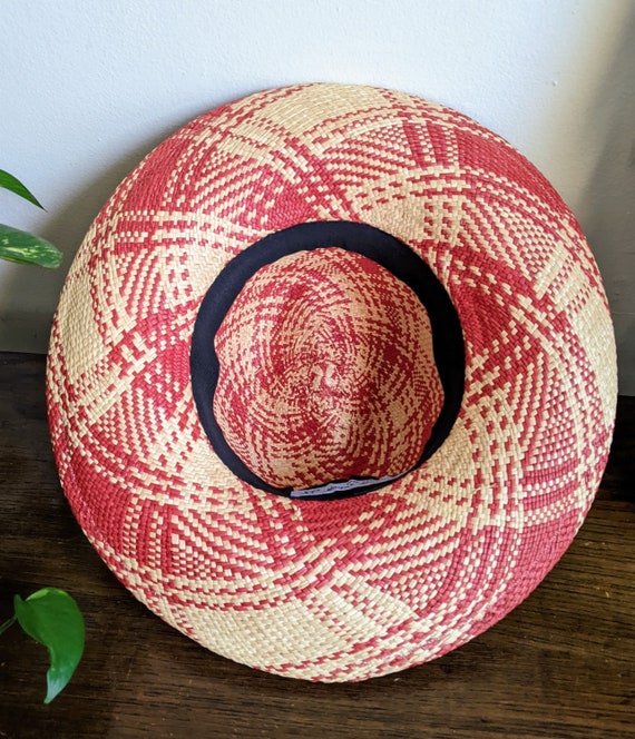 Raffia Panama Hat Designer Red Cream Plaid Straw … - image 9