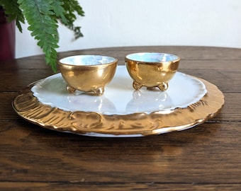 Two Gold White Salt Dish Set With Tray 24k Gold Iridescent White Small Serving Open Salt Cellars