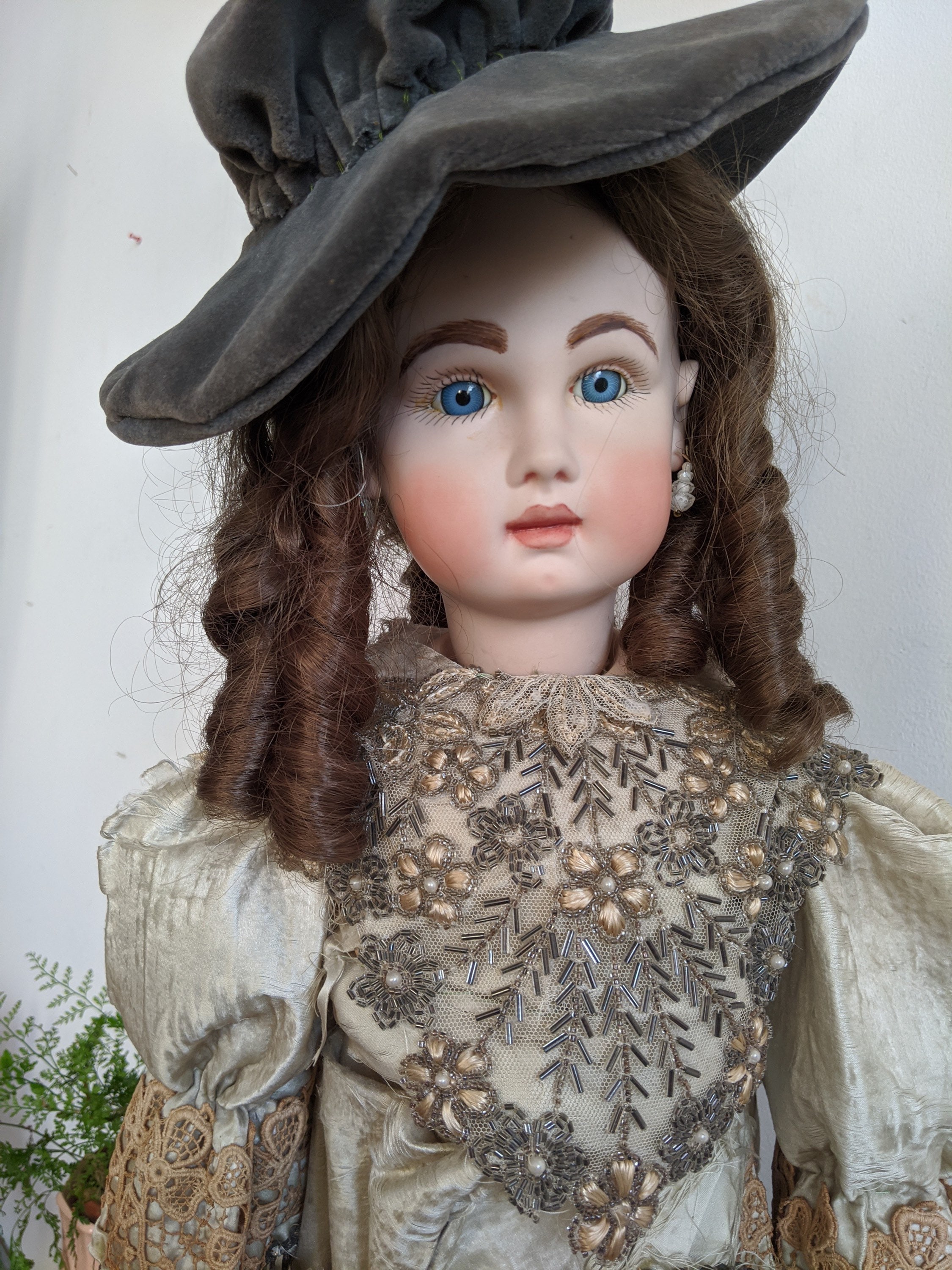 Large Bisque Doll 28 Inch Faux Juneau Shabby Antique Silk Beaded Dress
