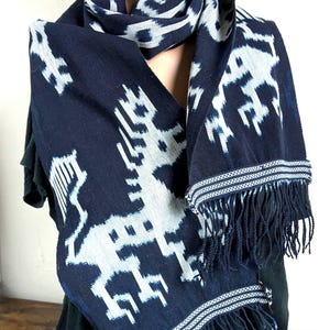 Indigo Dyed Ikat Scarf Textile Long Horizontal Wall Tapestry Table Runner Lion Motif Threads Of Life Indonesia Decor